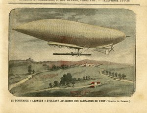 Illustration av Achille Lemot (1846-1909) i Le Pelerin, 26/11/05 - Luftskeppet "" Lebaudy"" utvecklas över den östra landsbygden - Kampanj, Ballonger luftskepp zeppelinare aerostation, Lebaudy av Achille Lemot