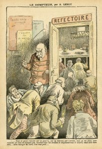 Illustration av Achille Lemot (1846-1909) i Le Pelerin, 27/03/04 - Tämjaren - Restaurangkaféer, gastronomikock - Combes Emile (1835-1921), Tamer - Matmetafor av Achille Lemot