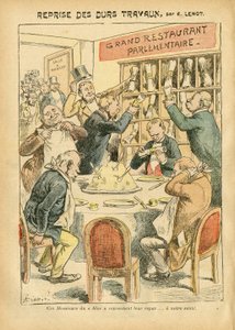 Illustration av Achille Lemot (1846-1909) i Le Pelerin, 27/10/07 - Återupptagande av hårt arbete - Antiparlamentarism, Restaurangkaféer, Deputeradekammaren Hemicycle, Bloc des lefts, Plate au beurre - Depute - Metaphore alimentaire