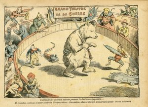 Illustration av Achille Lemot (1846-1909) i Le Pelerin, 28/02/04 - Attityden hos olika nationer... - Ryssland, rysk-japanska kriget - Combes Emile, Björn, Fair Bear - Animalisering, karneval/spel/cirkus