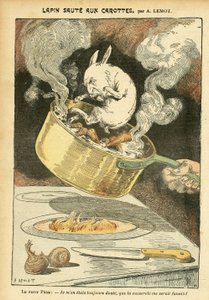 Illustration av Achille Lemot (1846-1909) i Le Pelerin, 01/29/05 - Kaninjumte med morötter - Arkivfodral, Gastronomikök - Combes Emile (1835-1921), Kanin - Kastrull - Matmetafor, Animalisering av Achille Lemot