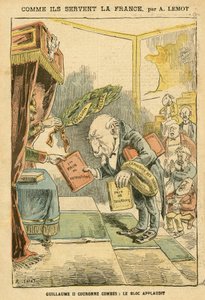 Illustration av Achille Lemot (1846-1909) i Le Pelerin, 31/01/04 - Hur de tjänar Frankrike - Tyskland Preussen, Religion Tro, Bloc des Left, Patriotism, katolsk katolicism - Vräkningar av religiösa - Combes Emile (1835-1921) , William II, Delsor Nicolas (1 av Achille Lemot