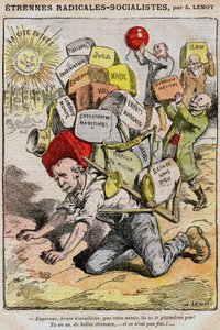 Radikal-socialister (socialistiska radikaler): tecknad serie av Achille Lemot (1846-1909) i Le Pelerin (1909) - en arbetare kraschar under bördan av skatter, skatter och olägenheter till följd av misskötsel av regeringen och Georges Clemenceau - strejker, 