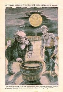 Socialistisk ställföreträdare som lovar månen (pensionering) till en fattig proletär (snickare), i Le Pelerin, katolsk veckotidning nr 1391 av 30 augusti 1903 av A. Lemot (ritning) av Achille Lemot