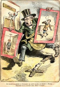 Resultaten: ett självmord på lyceen i Clermont, ett annat i Bourg: resultat av moral utan Gud i skolan! - Tecknad av Achille Lemot (1846-1909) i Le Pelerin (1909) - motstånd mot Laique och religiös undervisning (katolsk) - en tjänsteman i republiken wea av Achille Lemot