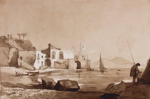Hamn med Borbone-flaggan med Vesuvius i söder, med tillägg av en Borbone-elev (penna, sepia tvättar och gouache på papper)