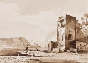 Möjligen en vy från Posillipo, med Vesuvius i fjärran, med tillägg av en Borbone-pupill (penna och sepia tvättar på papper) av Achille Vianelli