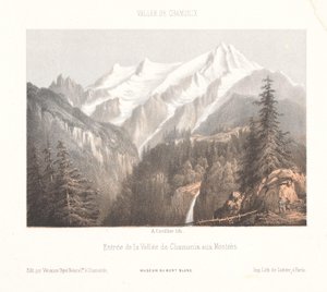 Utsikt över Chamonix med Mer-de-Glace-glaciären och Aiguille du Dru Chamonix, le Glacier des Bois, et le Dru (titel på objekt) Memories of Chamonix-Mont-Blanc (serietitel) Museum du Mont-Blanc (serietitel)