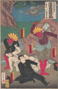 Kabuki-föreställning med röda indianer och kubuki-skådespelare, sent 1800-tal...