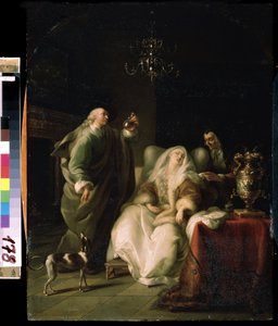 ""La consultation du medecin"" (Sjuk kvinna och en läkare) Läkaren undersöker en flaska med urin under konsultationen av en sjuk kvinna. Målning av Adam Braun (1748-1827) Mikhail Kroshitsky Art Museum, Sevastopol (Sevastopol) Ukraina av Adam Braun