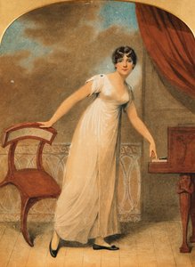 Porträtt av en dam, stående i full längd i en vit klänning av ett piano, 1801