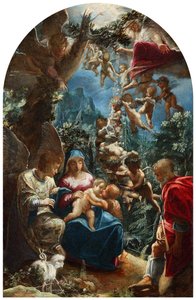 Italienska: sacra famiglia con san giovannino e un angelo Den heliga familjen med barnet Johannes Döparen och änglar av Adam Elsheimer