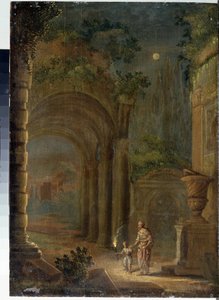 "Landskap av ruiner i månsken" Målning av Adam Elsheimer (1578-1610) Statens friluftsmuseum Palace Gatchina, Sankt Petersburg, Ryssland