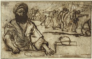 Sittande skäggig man, i bakgrunden ett följe av människor och ryttare av Adam Elsheimer