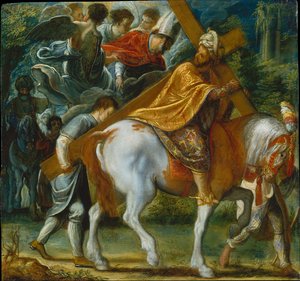 Frankfurtaltartavlan med det sanna korsets upphöjelse: Herakleios till häst med korset (nere till höger) av Adam Elsheimer