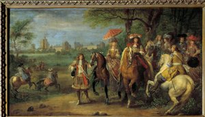 Kung Ludvig XIV (1638-1715) och drottning Marie-Therese av Österrike (1638-1683) går framför slottet i Vincennes 1669 Målning av Adam Frans Van der Meulen (1632-1690) av Adam Frans van der Meulen