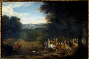 Ludvig XIV jagar. Målning av Adam Francois Van Der Meulen av Adam Frans van der Meulen