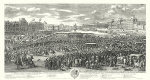 Ludvig XIV av Frankrike och hans vakt korsar Pont-Neuf i Paris på väg till Palais du Louvren (gravyr) av Adam Frans van der Meulen