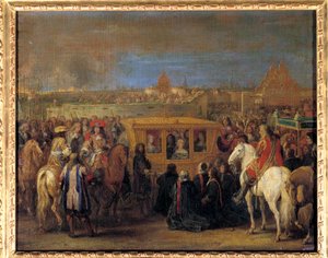 Högtidligt inresa av kung Ludvig XIV (1638-1715) och drottning Marie-Therese av Österrike till Douai den 23/08/1667 (drottningen i sin vagn får hyllningen av stadens dingins som deras suzerain) Målning av Adam Frans Van der Meulen (1632-1690). Omkring 1667 av Adam Frans van der Meulen
