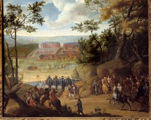 Utsikt över Versailles 1664 med kungen av Frankrike Ludvig XIV (1638-1715) och ett sällskap musketörer. Målning av Adams Frans Van der Meulen (1632-1690) av Adam Frans van der Meulen