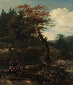 Skogbevuxen landskap med resenärer, sent 1640-tal.