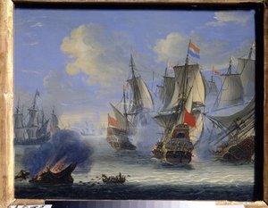 Sjöstrid (Ett sjöslag). Målning av Adam Silo (1674-1757). Olja på duk, 25 x 33,5 cm. Holländsk konst, barockkonst. Statens konstmuseum, Tula (eller Tolan).