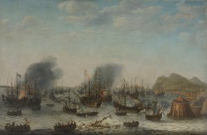 Spanjorernas nederlag vid Gibraltar av en holländsk flotta under befäl av amiral Jacob van Heemskerck, 25 april 1607 av Adam Willaerts (signed by artist)