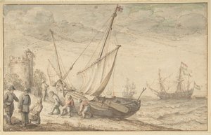 Fiskare som drar sin båt på stranden, n.d. av Adam Willaerts