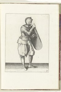 Övningen med målet och griparen: soldaten håller i målet med höger hand och tar tag i bältet (nr 3) med vänster hand, 1618 Nassausche Wapen-Handelinge, van Schilt, Spies, Rappier ende Targe: avbildad av figuren och uppsättningen efter av Adam van Breen