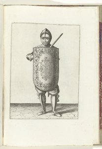 Borrmaskinen med måltavlan och griparen: soldaten håller målet framför bröstet och den dragna griparen mot vänster axel (nr 6), 1618 Nassausche Wapen-Handelinge, van Schilt, Spies, Rappier and the Targe: beyde figuerlick avbildad, slut inramad efter av Adam van Breen