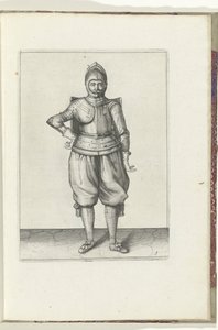 Drillen med målet och griparen: soldaten i vila med målet på ryggen (nr 1), 1618 Nassausche Wapen-Handelinge, van Schilt, Spies, Rappier and the Targe: beyde figuerlick avbildad, och den inramade efter den nya ordningen [av] (...) Maurits van Nassa av Adam van Breen
