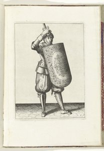 Drillen med målet och griparen: hur soldaten ska stänga visiret på sin hjälm med målet och den dragna griparen i hand (nr 7), 1618 Nassausche Wapen-Handelinge, van Schilt, Spies, Rappier and the Targe: beyde figuerlick avbildad, och