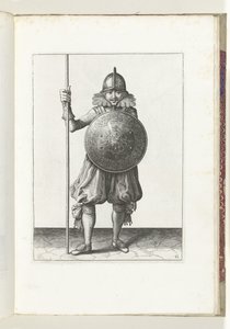 Övningen med sköld och spjut: soldaten återför spjutet till viloposition i tre gånger, tredje sats (nr 12), 1618 Nassausche Wapen-Handelinge, van Schilt, Spies, Rappier and the Targe: beyde figuerlick avbildad, och inramningen efter av Adam van Breen