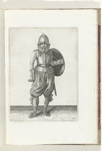 Sköld- och spikövningen: Soldaten återför skölden till baksidan med sin vänstra arm (nr 26), 1618 De Nassausche Wapen-Handelinge, van Schilt, Spies, Rappier and the Targe: beyde figuerlick avbildad, slut inramad efter den nya ordningen [av] (..