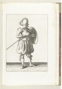 Sköld- och spikövningen: Soldaten håller spik och sköld nära kroppen (nr 15), 1618 Nassausche Wapen-Handelinge, van Schilt, Spies, Rappier and the Targe: beyde figuerlick avbildad, och den inramade efter den nya ordningen [av] (...) Maurit av Adam van Breen