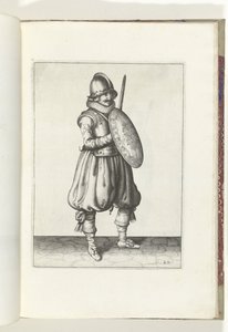 Sköld- och spikövningen: Soldaten i uppmärksamhet med sin gripare och sköld framför bröstet (nr 20), 1618 De Nassausche Wapen-Handelinge, van Schilt, Spies, Rappier and the Targe: beyde figuerlick avbildad, ende inramad efter den nya ordningen [av] (.