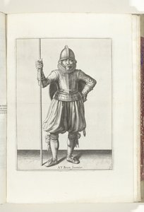 Övningen med sköld och spjut: soldaten i vila med spjutet i hand och skölden på ryggen (nr 1), 1618 Nassausche Wapen-Handelinge, van Schilt, Spies, Rappier ende Targe : avbildad av figuren och inställd efter den nya ordningen [av] ( av Adam van Breen