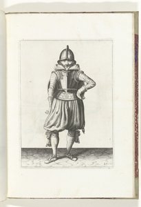 Sköld- och spetsövningen: Soldaten som står i vila med skölden på ryggen (nr 27), 1618 Nassausche Wapen-Handelinge, van Schilt, Spies, Rappier and the Targe: beyde figuerlick avbildad, och den inramade efter den nya ordningen [av] (...) Maurits v av Adam van Breen