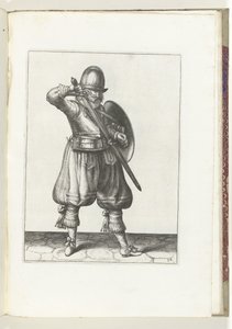 Sköld- och spikövningen: Soldaten täcker sin rapier (nr 24), 1618 Nassausche Wapen-Handelinge, van Schilt, Spies, Rappier and the Targe: beyde figuerlick avbildad, och den inramade efter den nya ordningen [av] (...) Maurits van