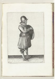 Sköld- och spikövningen: Soldaten drar sin arm från sköldens bälte (nr 25), 1618 Nassausche Wapen-Handelinge, van Schilt, Spies, Rappier and the Targe: beyde figuerlick avbildad, och den inramade efter den nya ordningen [av] (...) Maurits av Adam van Breen