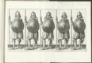Sköld- och spikövningen: Fem soldater som står sida vid sida i linje med spiran i höger hand vilande på marken och skölden framför bröstet (nr 31), 1618 The Nassausche Wapen-Handinge, van Schilt, Spies, Rappier andde Mål : beyde f