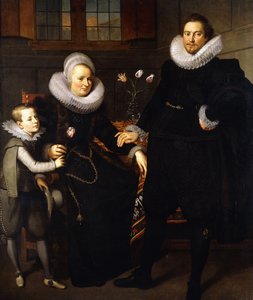 Ett gruppporträtt av en familj, fullängd, i en interiör av Adam van Noort