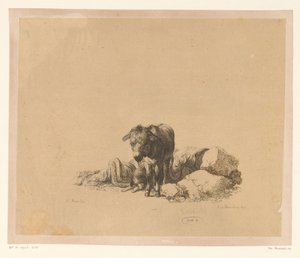 Stående åsna framför en liggande hund och en sovande man Sex tryck efter teckningar av Adam von Bartsch i Heinrich Xaver Ritter von Hauers samling (serietitel) Sex estampes gravées par Adam de Bartsch d