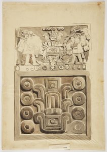 En stenrelief från Mexico City som överst visar två figurer av krigare vända mot ett centralt dekorerat "bord" (akvarell) av Adela Breton