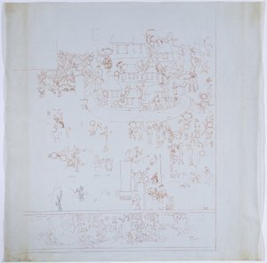 Kopia av en komplett väggmålning från västra väggen, Jaguarernas övre tempel, Chichen Itza, Mexiko Inre kammare på västra väggen Ritad i rött bläck (rött & svart bläck & grafit) av Adela Breton