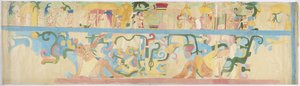 Kopia av en väggmålning från den sydvästra väggen, Jaguarernas övre tempel, Chichen Itza, Mexiko (akvarell och kroppsfärg) av Adela Breton