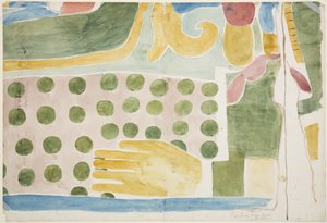 Målning av en del av en väggmålning som visar människooffer från över innerdörren, inre kammaren, Jaguarernas övre tempel, Chichen Itza (akvarell) av Adela Breton