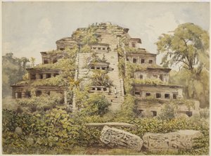 Målning av ruinerat tempel (Nischernas Pyramid) i El Tajin, Papantla, Mexiko (akvarell)