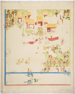 Kopia i kvartsskala av en målning från södra ändpanelen, östra väggen, inre kammaren, Jaguarernas övre tempel, Great Ball Court, Chichen Itza, Mexiko (akvarell, kroppsfärg och rött bläck) av Adela Breton