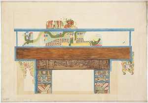 Kopia i kvartsskala av en väggmålning västra väggen, Jaguarernas övre tempel, Chichen Itza, Mexiko (akvarell, kroppsfärg, grafit) av Adela Breton